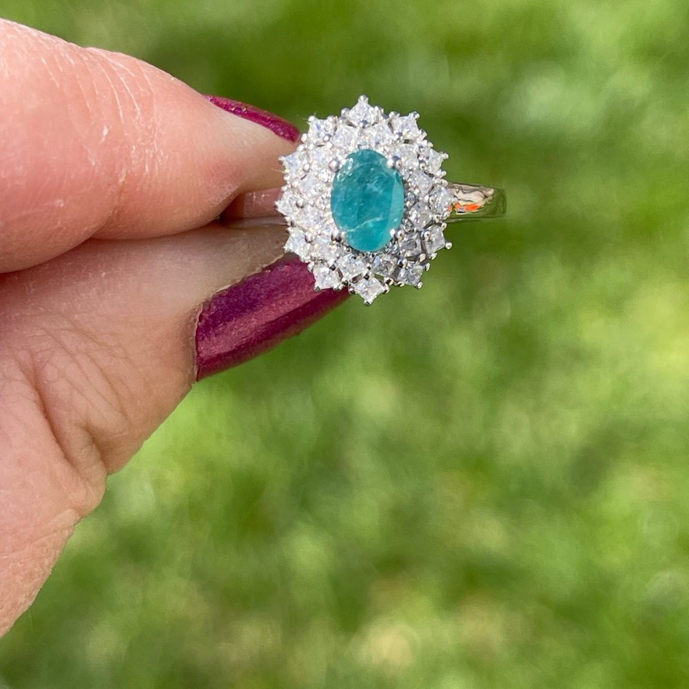 Grandidierite and Moissanite Halo Ring